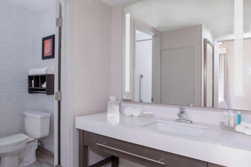 a bathroom with a sink and a toilet and a mirror at Homewood Suites by Hilton Dallas-Irving-Las Colinas in Irving