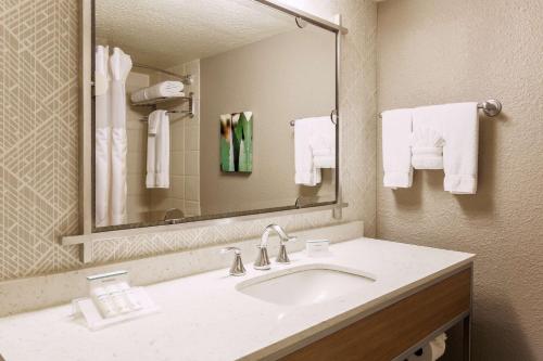 ダラスにあるHilton Garden Inn Dallas/Market Centerの洗面台、鏡、タオルを備えたバスルーム