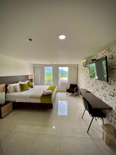 HOTEL RIVERA CENTRAL في بوكارامانغا: غرفة نوم كبيرة بسرير كبير وتلفزيون