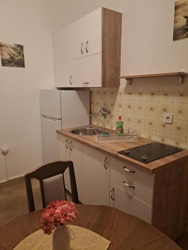 a kitchen with a table and a sink and a stove at Apartmani Pandurevic in Herceg-Novi