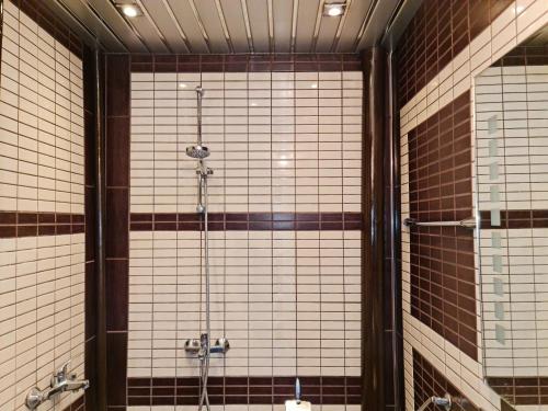 baño con ducha y pared de azulejos en GH Apartment Vratza en Vratsa