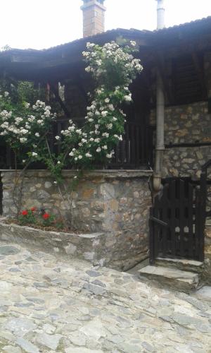 a stone wall with a fence and flowers at Traditional Guesthouse Archontoula in Palaios Panteleimon