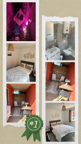 un collage de photos d'une chambre et d'une salle de bains dans l'établissement Résidence les Hameaux de Saint Cyprien appartement LUNA 132, à Lecci