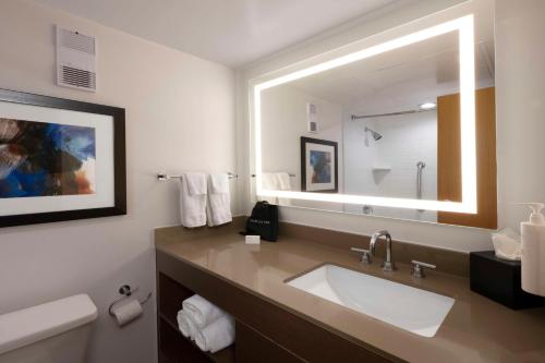 a bathroom with a sink and a large mirror at Embassy Suites Dallas - DFW International Airport South in Irving