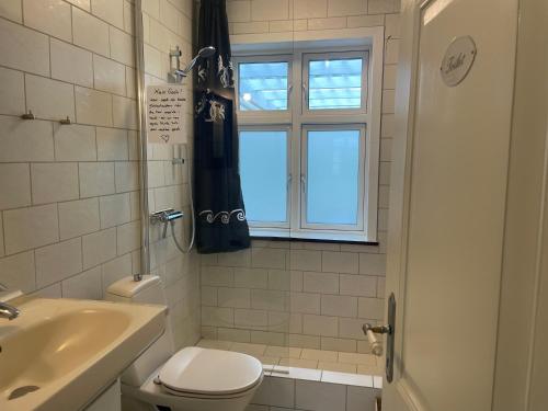 baño con aseo y lavabo y ventana en Thyholm B&B, en Thyholm