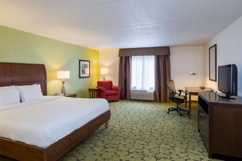 Habitación de hotel con cama, escritorio y TV. en Hilton Garden Inn Edison/Raritan Center, en Edison