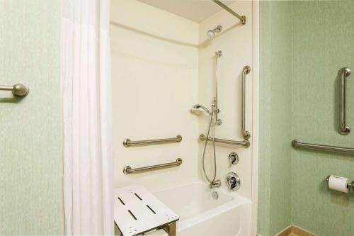 a bathroom with a shower and a white bath tub at Hampton Inn & Suites Wheeling - The Highlands in Triadelphia