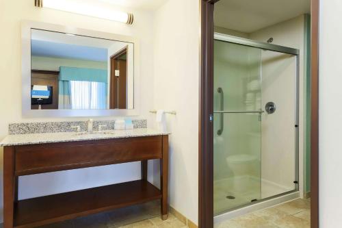 a bathroom with a shower and a sink and a mirror at Hampton Inn & Suites Wheeling - The Highlands in Triadelphia