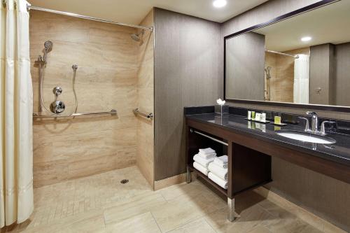 a bathroom with a sink and a shower at Hilton Houston Plaza/Medical Center in Houston