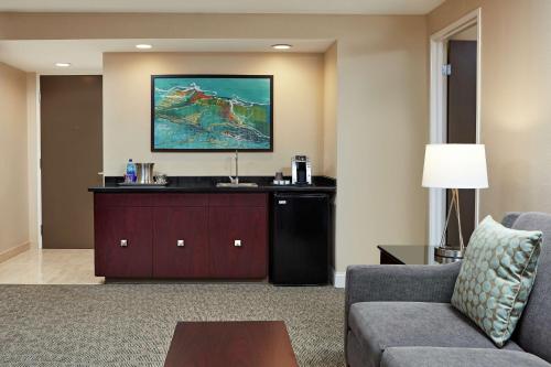 a living room with a couch and a tv at Hilton Houston Plaza/Medical Center in Houston