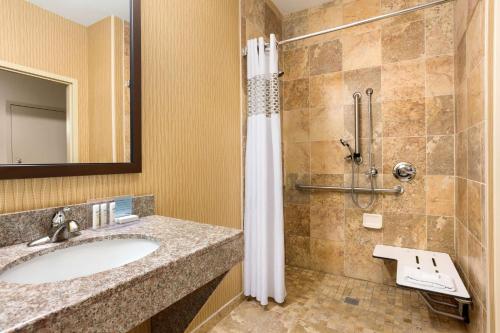 een badkamer met een wastafel en een douche bij Hampton Inn Wichita-East in Wichita