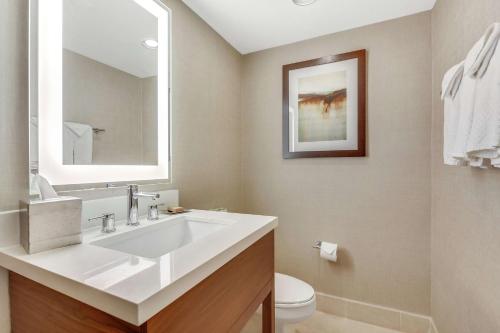 a bathroom with a white sink and a toilet at Hilton Phoenix Tapatio Cliffs Resort in Phoenix