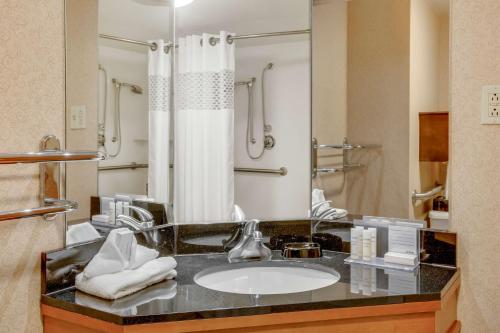 a bathroom with a sink and a shower at Hampton Inn Pittsburgh/Airport in Moon Township