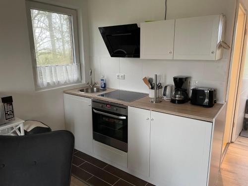 een keuken met witte kasten, een wastafel en een fornuis bij Marschblick in Tönning