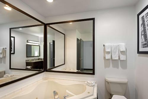 y baño con bañera, aseo y espejo. en DoubleTree by Hilton Washington Meadow Lands Casino Area, en Washington