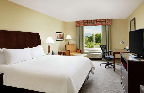 una camera d'albergo con letto, scrivania e TV di Hilton Garden Inn Fontana a Fontana