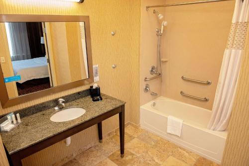 a bathroom with a sink and a tub and a mirror at Hampton Inn & Suites Bradenton in Bradenton