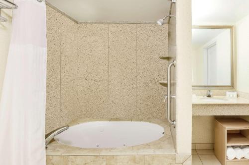 Hilton Garden Inn Roanoke Rapids في رونوك رابيدز: حمام مع حوض استحمام ومغسلة