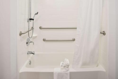 a bathroom with a shower with a tub and a sink at Hampton Inn Statesville in Statesville