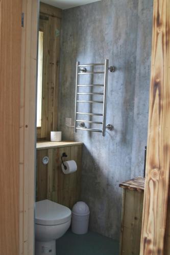 a bathroom with a toilet and a towel rack at The Moo-tel at Moody Meadows in Aberaeron