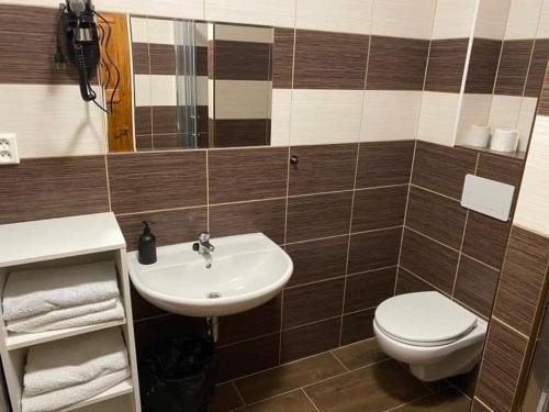 a bathroom with a toilet and a sink at Hrusická restaurace a penzion in Hrusice