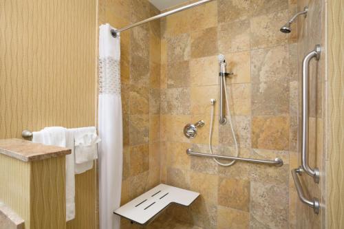 a bathroom with a shower with a tiled wall at Hampton Inn Fort Worth Southwest Cityview in Fort Worth