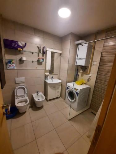 een badkamer met een wastafel en een wasmachine bij Luxurios Apartment Sarajevo in Sarajevo