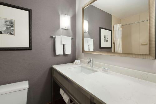 een badkamer met een wastafel en een spiegel bij Hilton Garden Inn Gilroy in Gilroy