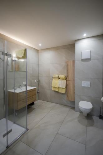 a bathroom with a toilet and a sink and a shower at Familienhotel Steindl in Millstatt
