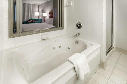 una vasca bianca in bagno con specchio di Hilton Garden Inn Cleveland/Twinsburg a Twinsburg