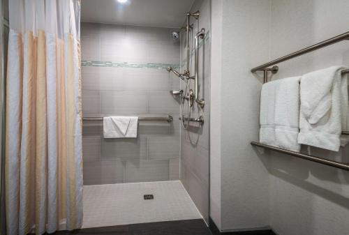 a bathroom with a shower with a shower curtain at Hilton Garden Inn Reagan National Airport in Arlington