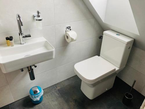 a bathroom with a white toilet and a sink at Ferienunterkunft Ostsee Rostock in Mönchhagen