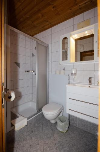 a bathroom with a shower and a toilet and a sink at Familienhotel Steindl in Millstatt