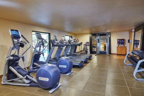 a gym with several treadmills and elliptical machines at DoubleTree by Hilton Hotel Salt Lake City Airport in Salt Lake City