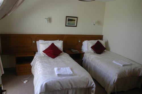 um quarto de hotel com duas camas com almofadas vermelhas em Portarra Lodge Guesthouse em Moycullen
