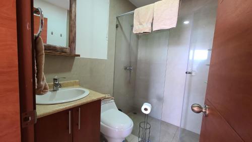 uma casa de banho com um WC, um lavatório e um chuveiro em Departamento Privado una habitación y balcón Sector Solca y Embajada EEUU em Quito