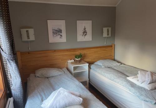 a bedroom with two beds and a nightstand with two beds at Tärnaby Rooms & Apartments in Tärnaby