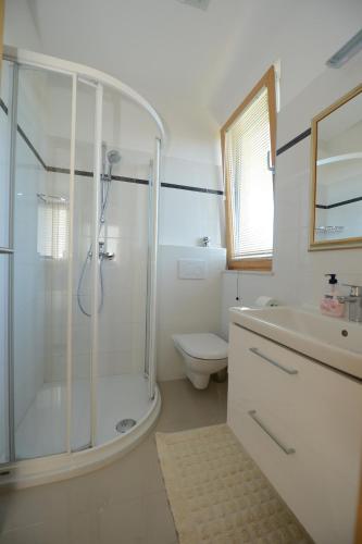 a bathroom with a shower and a toilet and a sink at Apartment Mara in Petrcane