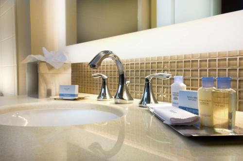 斯特林的住宿－斯特靈杜勒斯機場希爾頓逸林酒店，浴室的柜台设有水槽和镜子