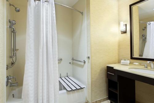 ein Bad mit einem Duschvorhang und einem Waschbecken in der Unterkunft Homewood Suites by Hilton Orlando Airport in Orlando