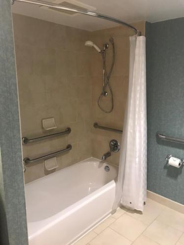a bathroom with a tub and a shower with a shower curtain at Hyatt Place Fort Lauderdale Cruise Port & Convention Center in Fort Lauderdale