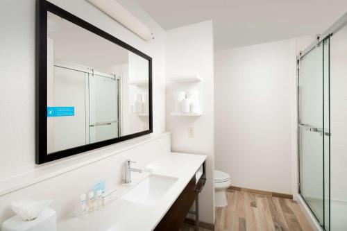 Baño blanco con lavabo y espejo en Hampton Inn & Suites San Antonio Lackland AFB SeaWorld en San Antonio