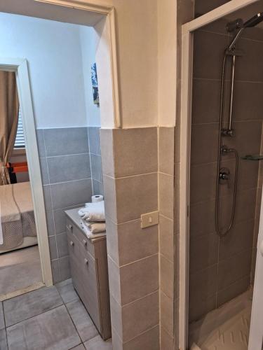 a bathroom with a shower and a sink at Villa Dufoûr in Viareggio