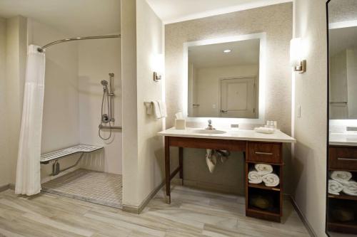 a bathroom with a sink and a shower and a mirror at Homewood Suites By Hilton Salt Lake City Airport in Salt Lake City