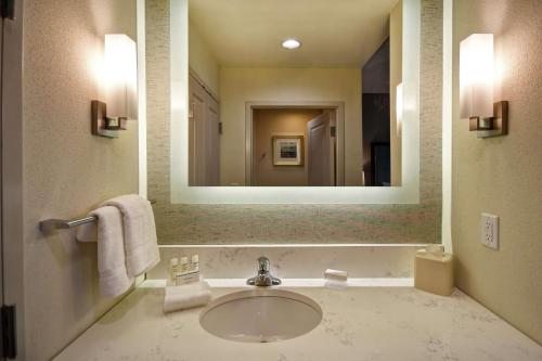 a bathroom with a sink and a large mirror at Homewood Suites By Hilton Salt Lake City Airport in Salt Lake City