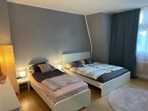 1 dormitorio con 2 camas y ventana en Gemütliche Zimmer - Messe Gruga, en Essen