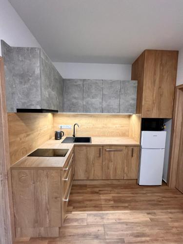 a kitchen with wooden cabinets and a sink and a refrigerator at U Srubu in Moravany