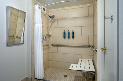 y baño con ducha y banco. en Hilton Greenville en Greenville