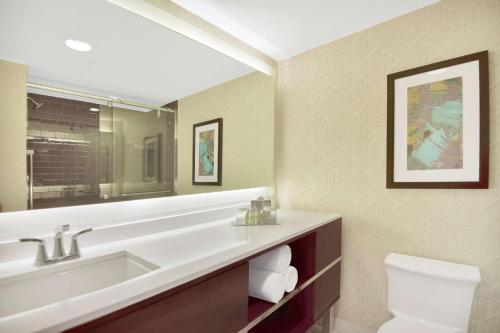 a bathroom with a sink and a toilet and a mirror at DoubleTree by Hilton Hotel & Suites Houston by the Galleria in Houston