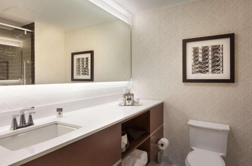 a bathroom with a sink and a toilet and a mirror at DoubleTree by Hilton Hotel & Suites Houston by the Galleria in Houston